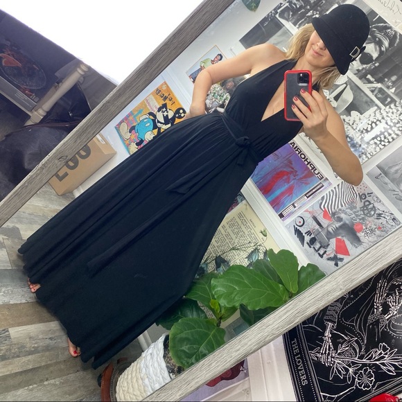 J Uptown Black maxi wrap dress Size XS A-skirt Open Back Deep V-neck - Picture 6 of 10